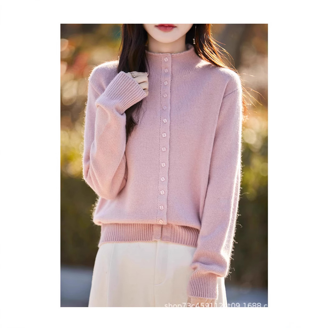 부드러운 스타일 높은 목 단일 가슴 단색 니트 카디건 여성의 2024 가을 및 겨울 새로운 느슨한 올 매치 스웨터 탑