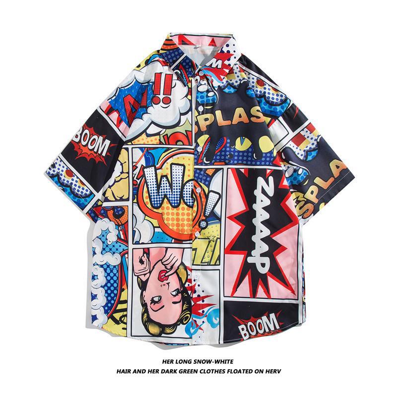 Hong Kong estilo Retro Vintage floral camisa de manga corta Estilo Hawaiano tailandés diseño sentido Ruan guapo camisa suelta para hombres y mujeres