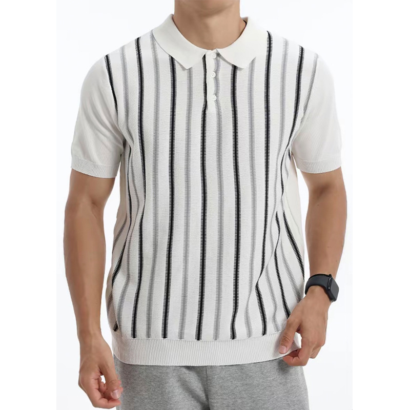 Polo camiseta de punto camiseta de manga corta camiseta de hombre solapa vertical rayas viejos negocios hielo seda fábrica transfronteriza al por mayor