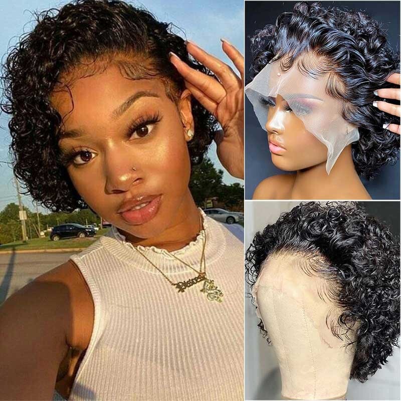 Human Hair Foreign Trade Wig Real Hair Front Lace Pixie Wig 13X1 Short Hair Wig