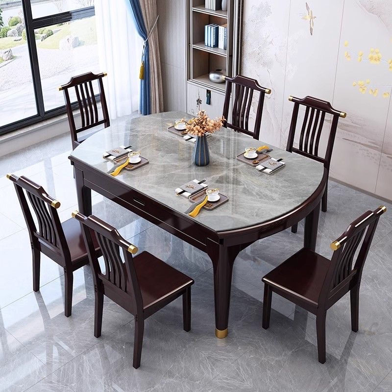 New Chinese Style Rock Plate Dining Table Solid Wood Combination Small Apartment Household Telescopic Folding Fangyuan Dual-purpose Multi-function Rice Table