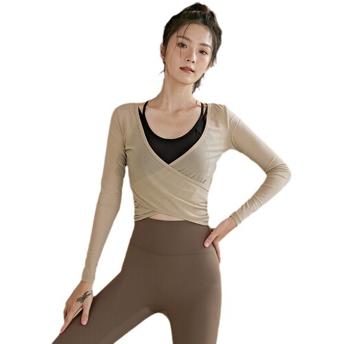 Women's Yoga Set for Autumn/Winter, New Style Mesh Breathable Exercise Covering Top for Running, Pilates Training, Long Sleeve Fitness Clothing