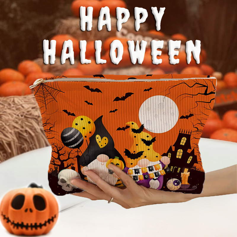 SHEINアマゾンTEMUハロウィーンカボチャ幽霊模様コーデュロイジッパー収納袋軽量化粧バッグ|undefined