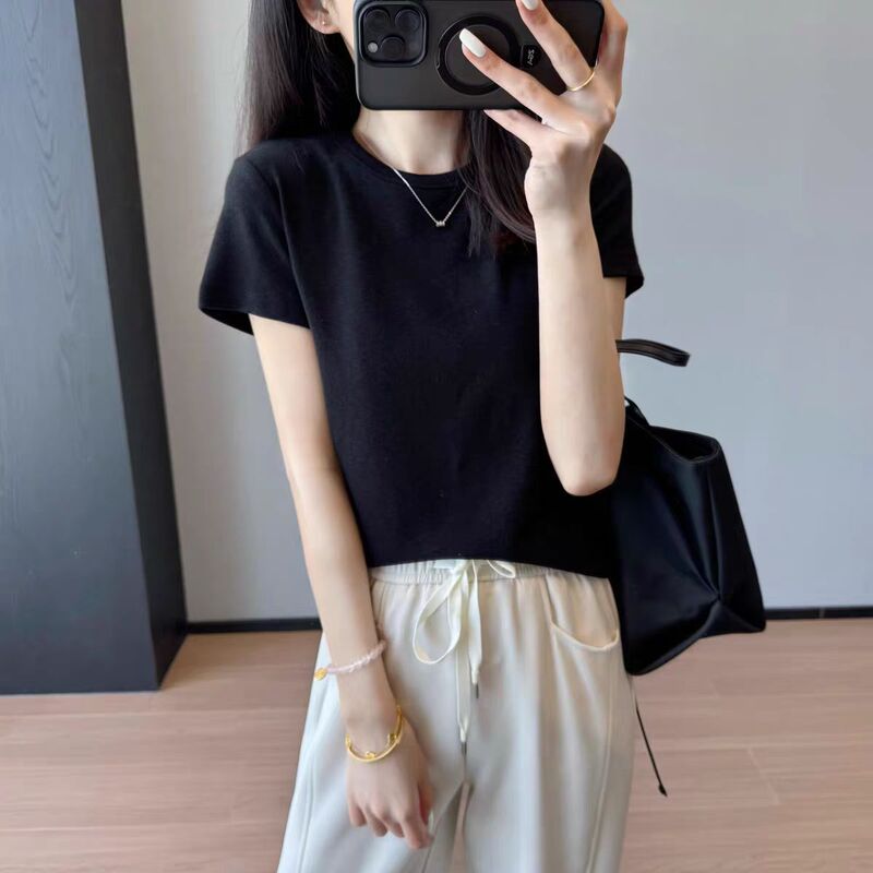 上海ラネージュ韓国版シンプルなラウンドネック半袖 Tシャツ女性のための 2025 夏の新しいルーズ通気性トップ 250201|undefined
