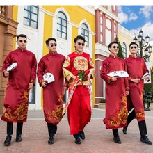 伴郎服中式婚禮男士長衫兄弟團結婚禮服中國風唐裝長袍大褂兄弟裝