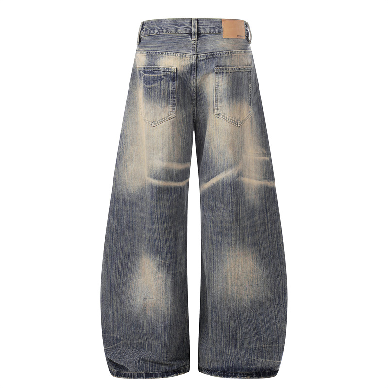 Men's Retro Blue Washed Whiskered Wide Leg Scimitar Jeans Casual Loose Fit American High Street Style Spring New Trousers For Women_mkmklike.com