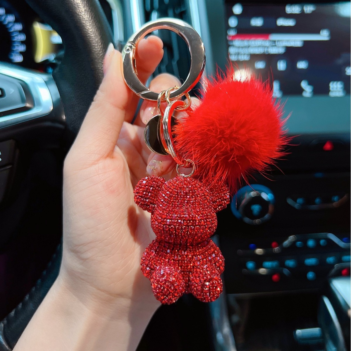 Nuevos productos de moda lindos viento gran botón redondo visón completo diamante osos llavero creativo pareja llavero colgante regalo