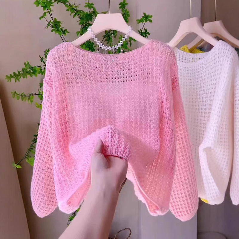 Summer New European and American-style Amazon Hollow Sweater Top Women's Loose Blouse Lazy-style Loose Sun-protective Shirt