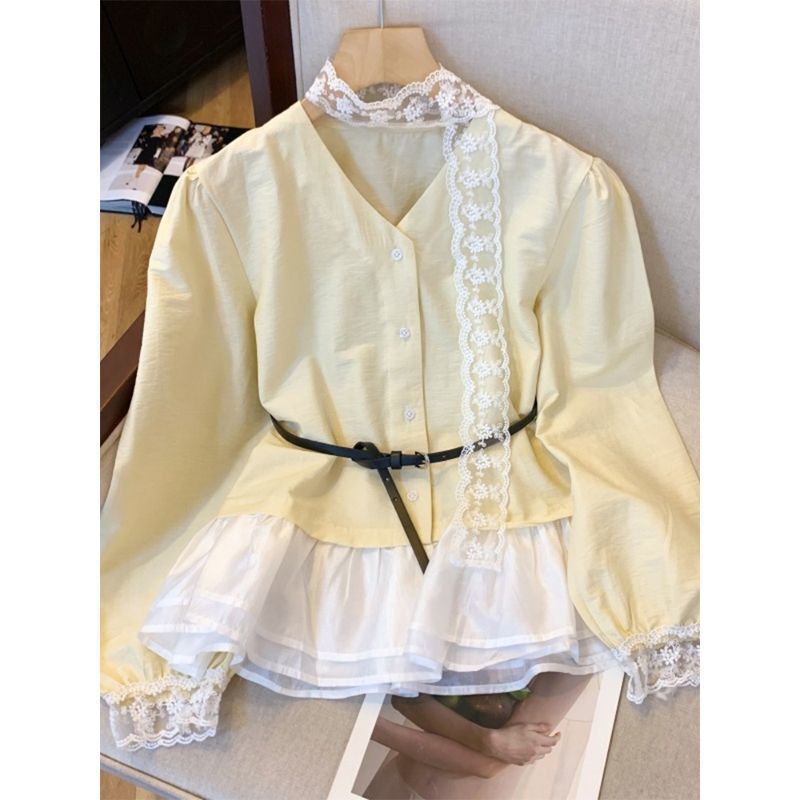 Recommended French-Style Long-Sleeve Shirt with Ruffled Skirt Top for Women, Autumn Faux Two-Piece Lace Design