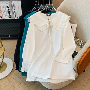 300kg plus size women's chubby girl navy collar lace-up long sleeve shirt fashion western style age-reducing 2024 early autumn new