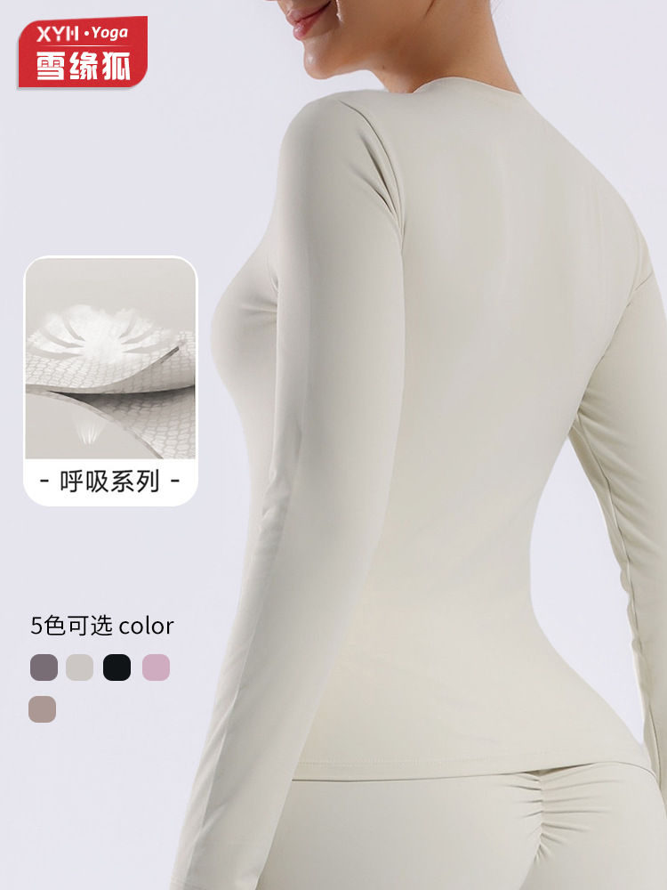 Europa y América dos lados abrasivos desnudos ropa de yoga de mangas largas mujeres de alta intensidad correr pilates ropa de ejercicio de mangas largas