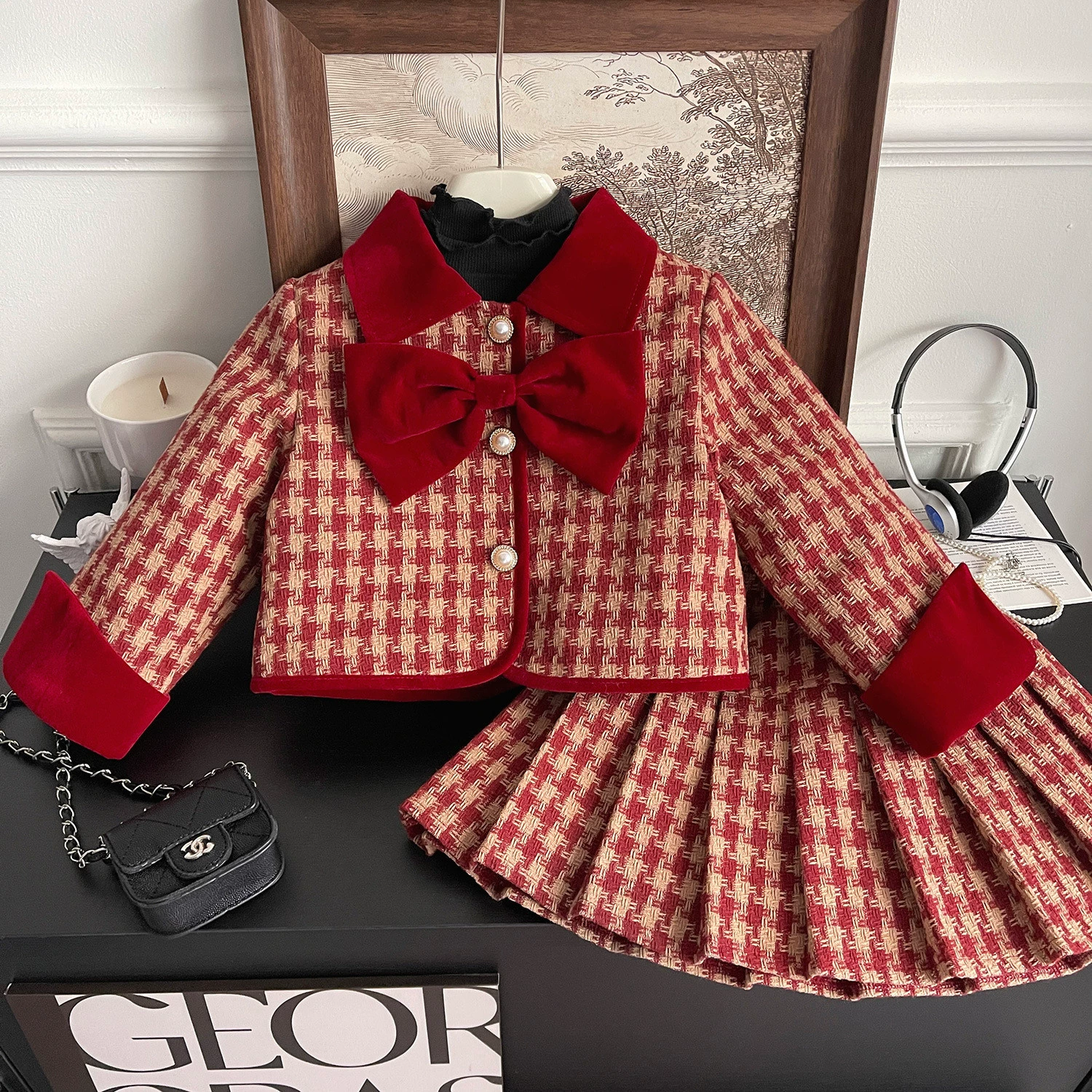 Зимний детский стеганый комплект с бантом, корейский стиль, стиль Chanel