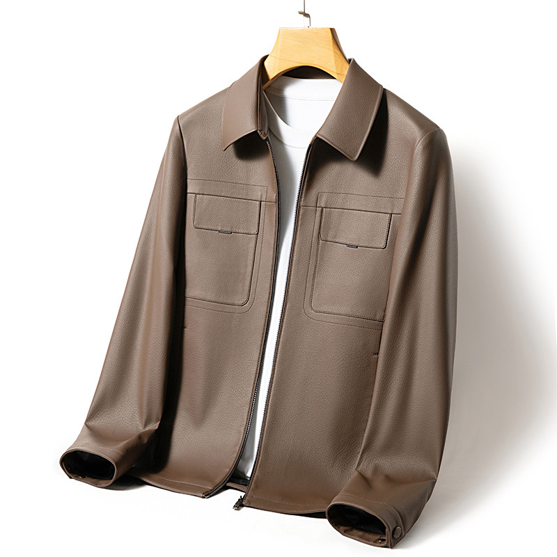 Cross-Border Men's Leather Jacket Sheepskin Lapel Business Casual Leather Jacket Fashionable Simple Jacket New Wholesale
