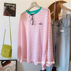 特大サイズ 150kg 刺繍惑星カラーブロックストライプ長袖ルーズ夏日焼け止め Tシャツトップトレンディ