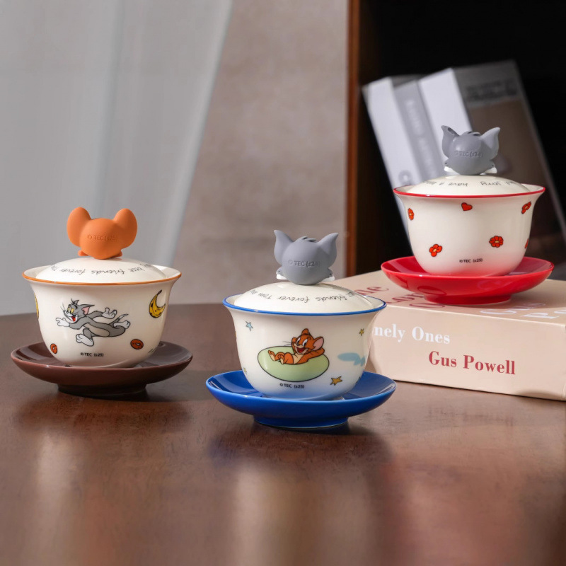 Gato y ratón juego de té doméstico 2025 nuevo tazón de té de cerámica caja de regalo de alto valor de cara para un tazón de taza de té