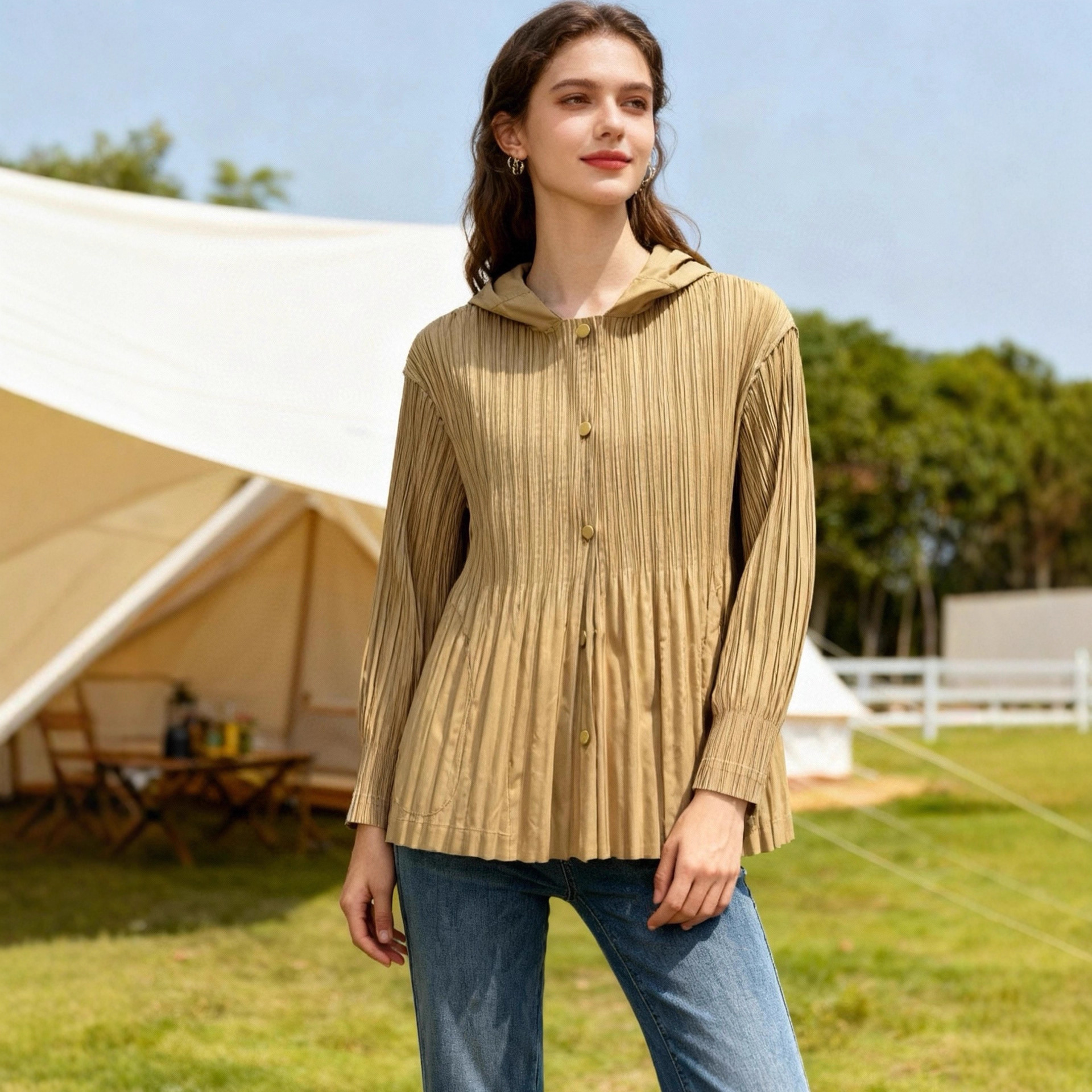 Pleated Jacket for Women, Spring and Autumn Trendy Style, Versatile, High-End, Mature Style, Hooded, Double-Breasted, Short Trench Coat