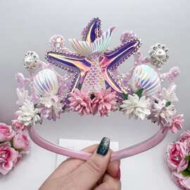 女孩6岁生日皇冠头箍美人鱼海星发箍字母生日GIFT花朵皇冠发箍