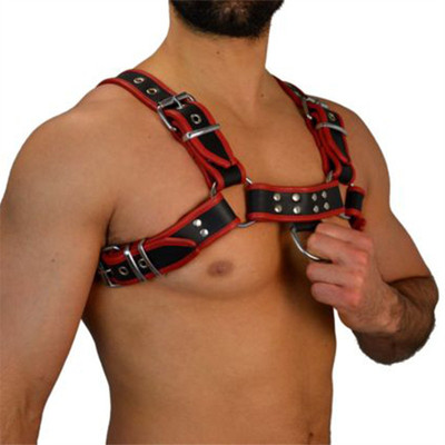 廠家直銷亞馬遜腰帶男士紅色皮革帶氣孔雙吊環雙肩胸帶捆綁束縛帶