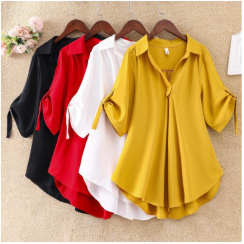 Mid-Length Short-Sleeved Chiffon Shirt for Women 2026 Summer New Style Large Size Loose Waist Slimming Chiffon Top for Women Trendy