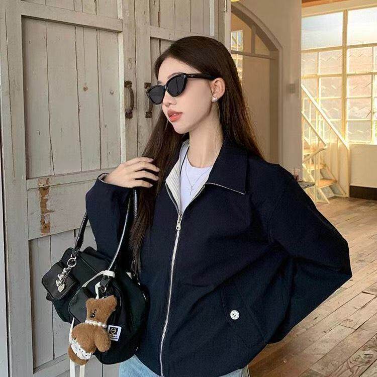 Áo khoác nữ ngắn dáng rộng cổ ve sọc hai mặt mặc được tay dài phong cách công sở — Khối màu ve áo, có thể đảo ngược chi tiết 10