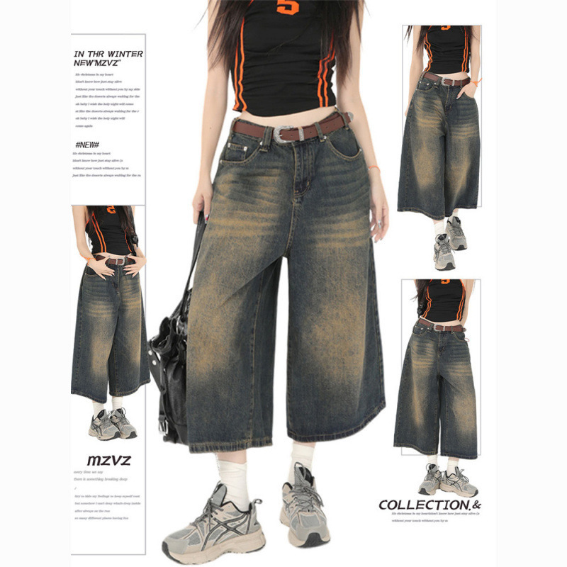 American Retro Cropped Denim Shorts for Women, Summer Washed Vintage High-Waisted Plus-Size Straight Wide-Leg Mid-Length Shorts