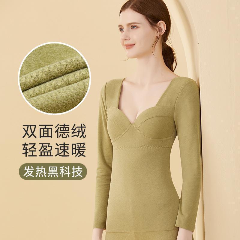 New autumn and winter fleece-lined warm top de Velvet self-heating high elastic with chest pad low collar all-match bottoming shirt for women