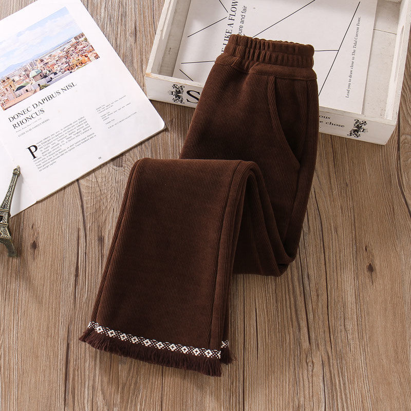 소녀 바지 겨울 기모 두꺼운 따뜻한 인터넷 빨간색과 검은 색 다크 브라운 서양식 겨울 한 조각 양털 바지 중 큰 어린이 용 바지
