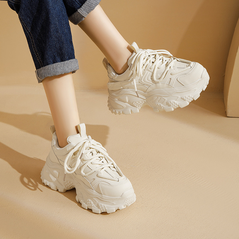 Zapatos Deportivos de Suela Gruesa Estilo Papá para Mujer, Estilo Universitario, Primavera 2026, Color Blanco, Casuales para Correr.