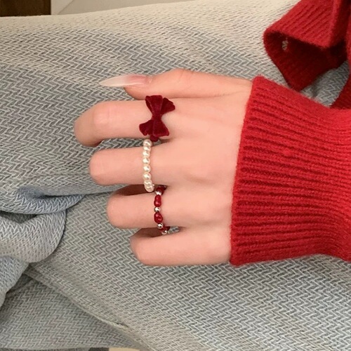 Retro velvet autumn and winter red bow pearl bead ring sweet and upscale design index finger ring for women