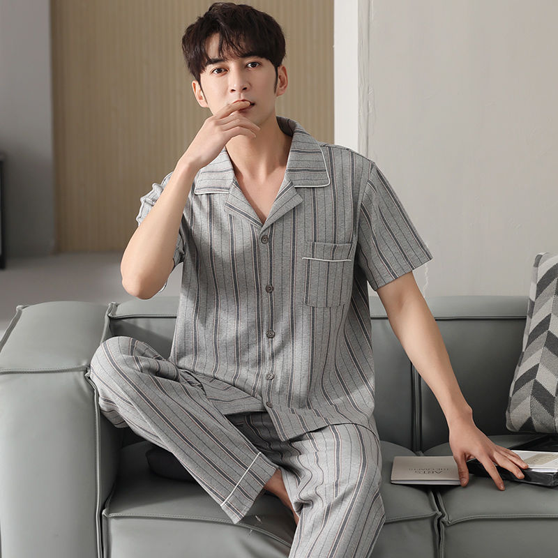 Pijamas de los hombres de verano 100% pantalones de algodón de manga corta cardigan de los hombres ropa de verano delgado más traje de tamaño