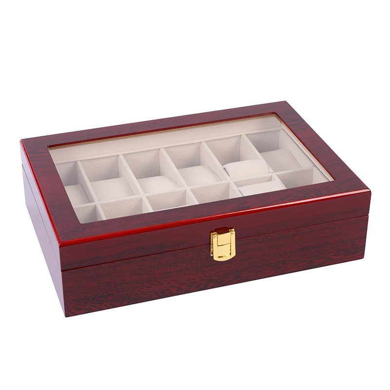 En stock caja de reloj de madera de pintura roja de 12 bits contador de reloj de gama alta de estilo europeo caja de presentación de hebilla abatible transparente