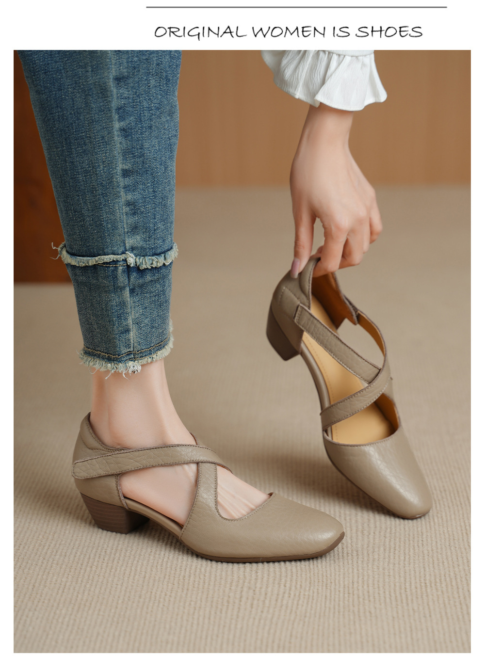 Sandal nữ da cừu mũi trùm gót vuông quai chéo dán — màu trắng ngà chi tiết 10