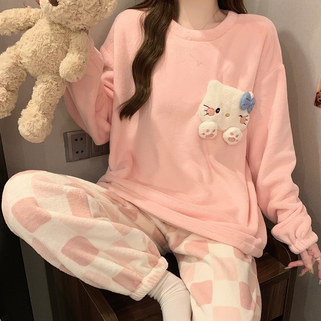Pijamas transfronterizos de mujeres otoño y invierno nuevo engrosado de franela manga larga encantador conjunto de ropa cálida de dibujos animados japoneses