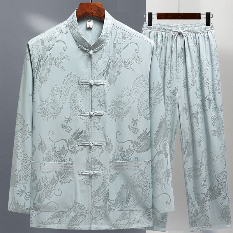 Ice silk Tang suit for middle-aged and elderly men, long-sleeved casual grandfather spring Chinese style loose plus size father Hanfu