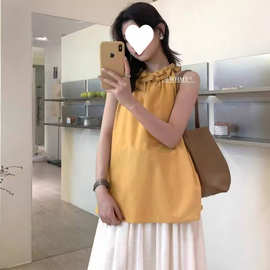 W3TWHMT挂脖背心女夏季多巴胺新款韩系简约木耳花边领口别致无袖