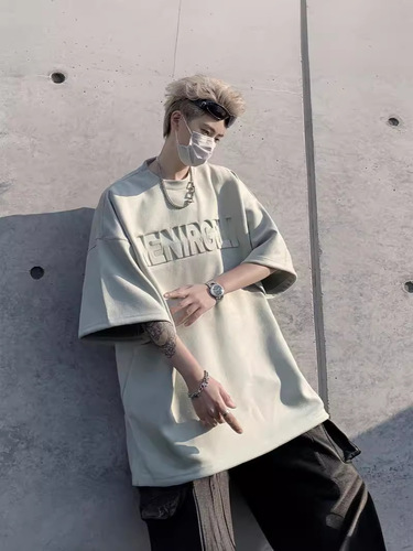 Pink Suede Short-Sleeve T-Shirt for Men - Summer American Heavyweight Steel Printing Oversize Loose Casual Half-Sleeve T-Shirt