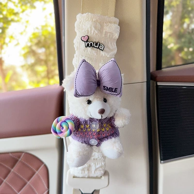 Seat belt shoulder pad – Seat Belt Anti-Leveler Shoulder Cover - white-bear-lollipop-purple-sweater-one-puff-check-shoulder-cover