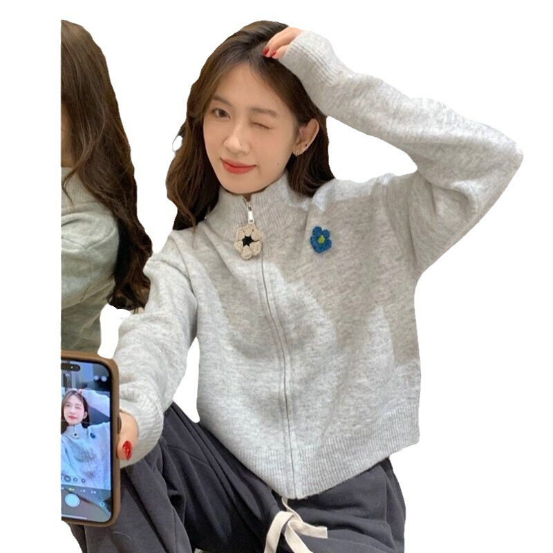 グレーの小さい大衆のデザイン感の高い襟のファスナーのセーターのコートの女性の春の秋冬の乳系のジャカードのニットのカーディガンの上着のファッション|undefined