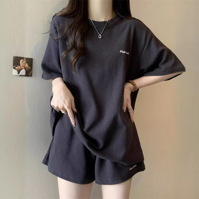 Real Shot Waffle Suit Women's Summer Loose Short-Sleeved Shorts Can Be Salty or Sweet Casual Sports Embroidered Two-Piece Set Dropshipping