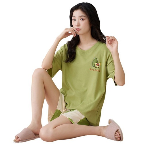Summer short-sleeved pajamas with breast pads, women's two-piece pajamas, round neck pullover, printed home clothes, can be worn outside and shipped on behalf of others