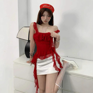 Southeast Asia Spice Girl Red Camisole Women's 2025 Fashionable New Irregular Ruffled Mesh Vest
