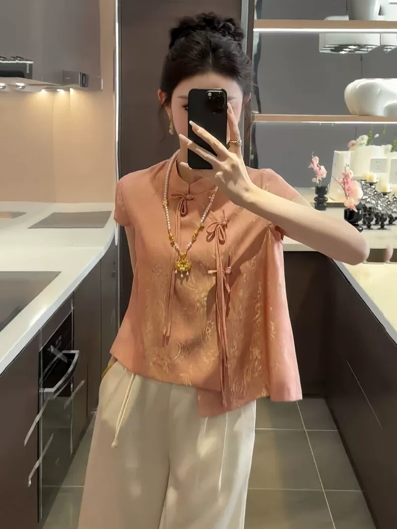 Летняя новая женская одежда, новый костюм в китайском стиле в национальном стиле, жаккардовый диск с пряжкой, уменьшающий возраст топ, широкие брюки, комплект из двух предметов