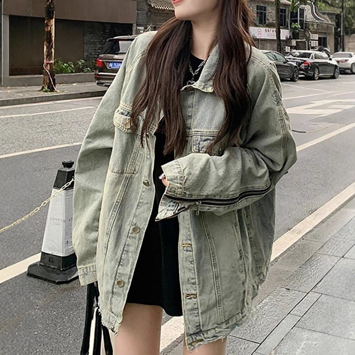 美式复古做旧牛仔外套女春秋冬季欧美拉德宽松设计感小众夹克上衣