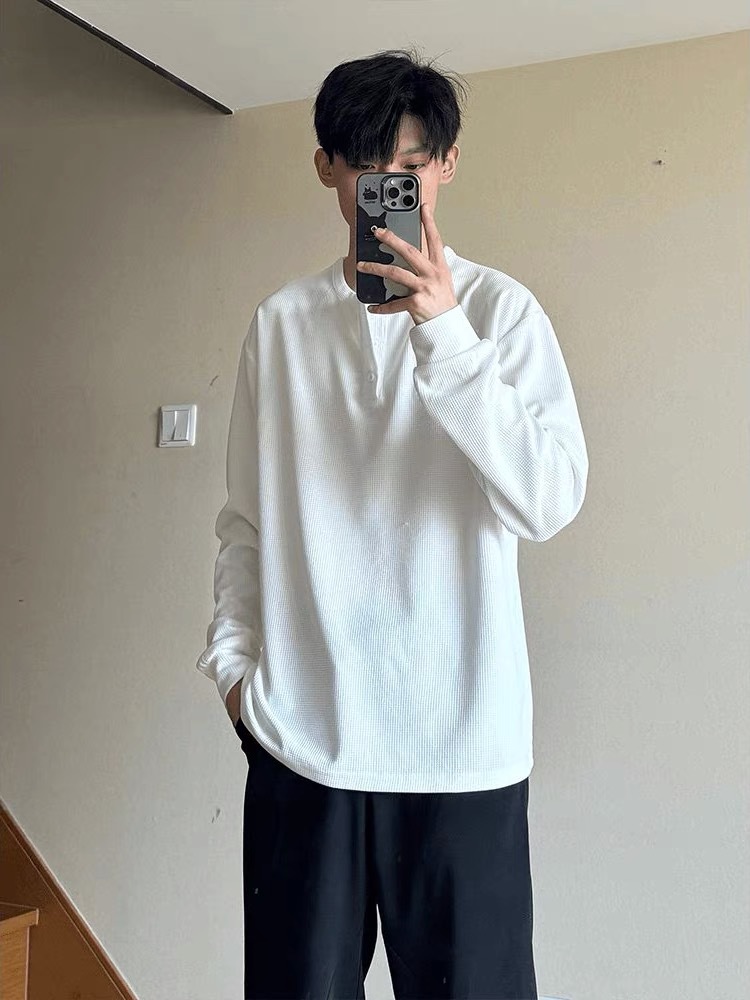 New waffle long sleeved T-shirt for men in spring and autumn vintage Henry collar, loose casual base shirt_voghion.com