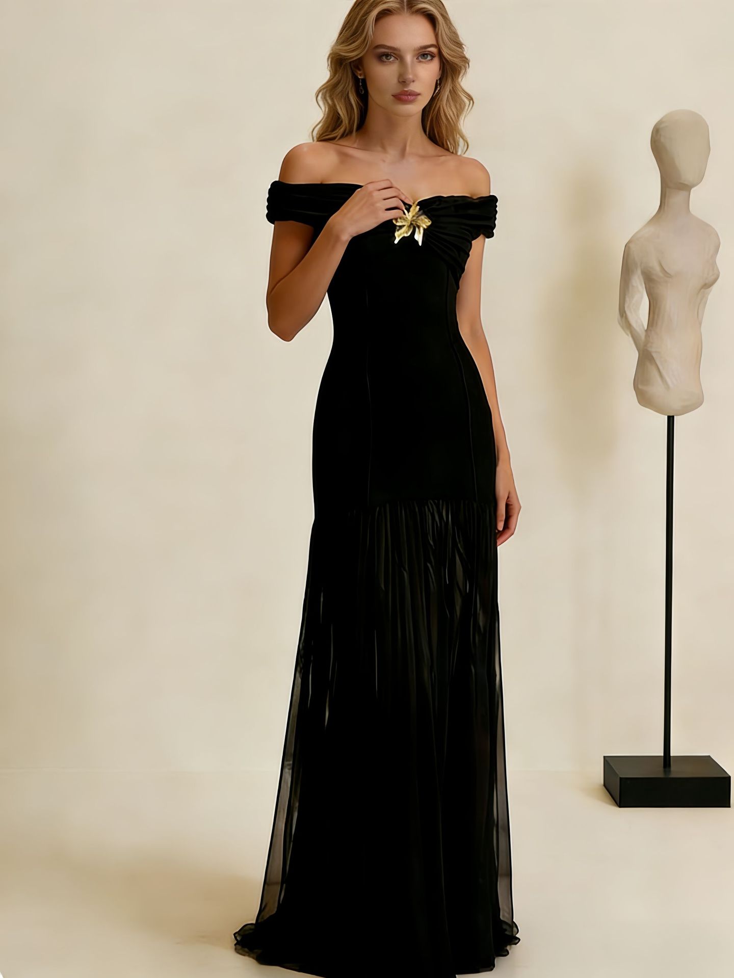 Women's Elegant Off Shoulder Backless Mesh Panel Flowy Maxi Dress – Sexy Summer Gown 2026_ecoleips.com