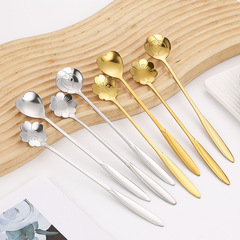 Long-handled stainless steel flower spoon, Japanese cherry blossom 18cm rose coffee stirring spoon, golden heart ice spoon