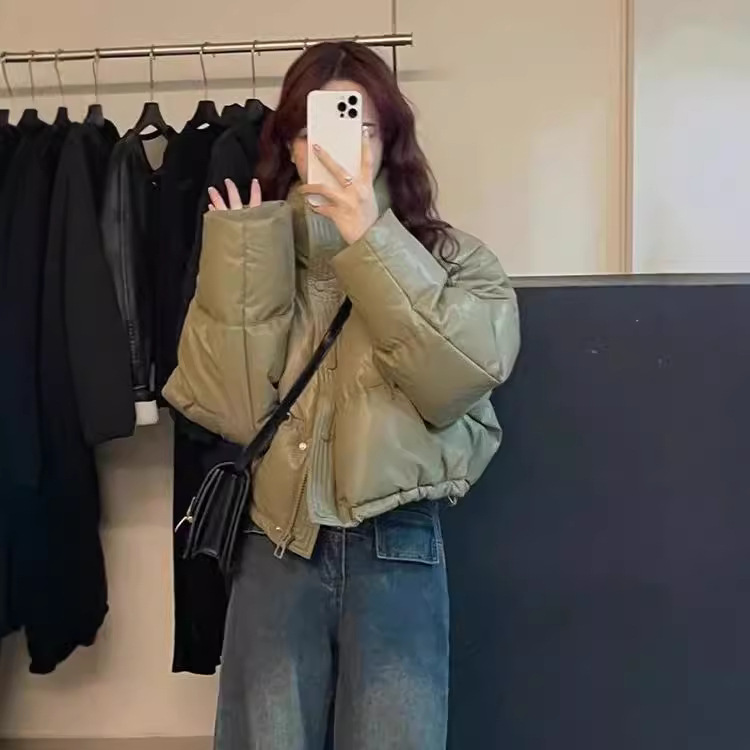 PU皮免洗羽绒服女2025新款韩版时尚短款加厚小个子面包服冬季外套