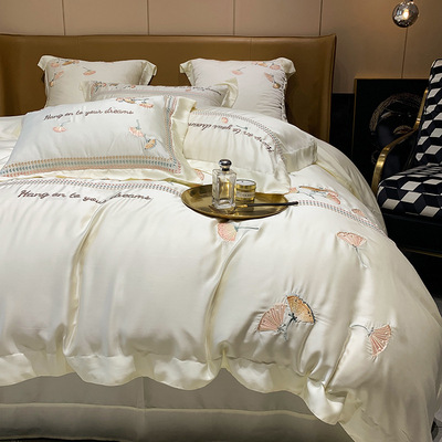 簡約現代風銀杏刺繡寢具床品多件套軟裝家具樣板房蘭精天絲四件套