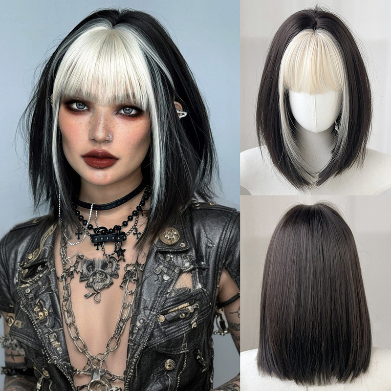 Yk2 Subculture Bobo Wig for Women, Short Straight Hair with Highlights in Black and White, Full Bangs, Loli Style, High-Quality Full Wig Yk2 Subculture Bobo Wig for Women, Short Straight Hair with Highlights in Black and White, Full Bangs, Loli Style, High-Quality Full Wig