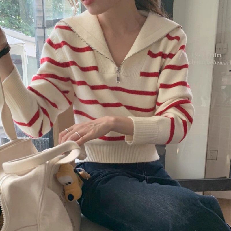 South Korea Chic Autumn Vintage Elegant Half Zip Navy Collar Loose Casual All-match Long Sleeve Striped Knit Sweater